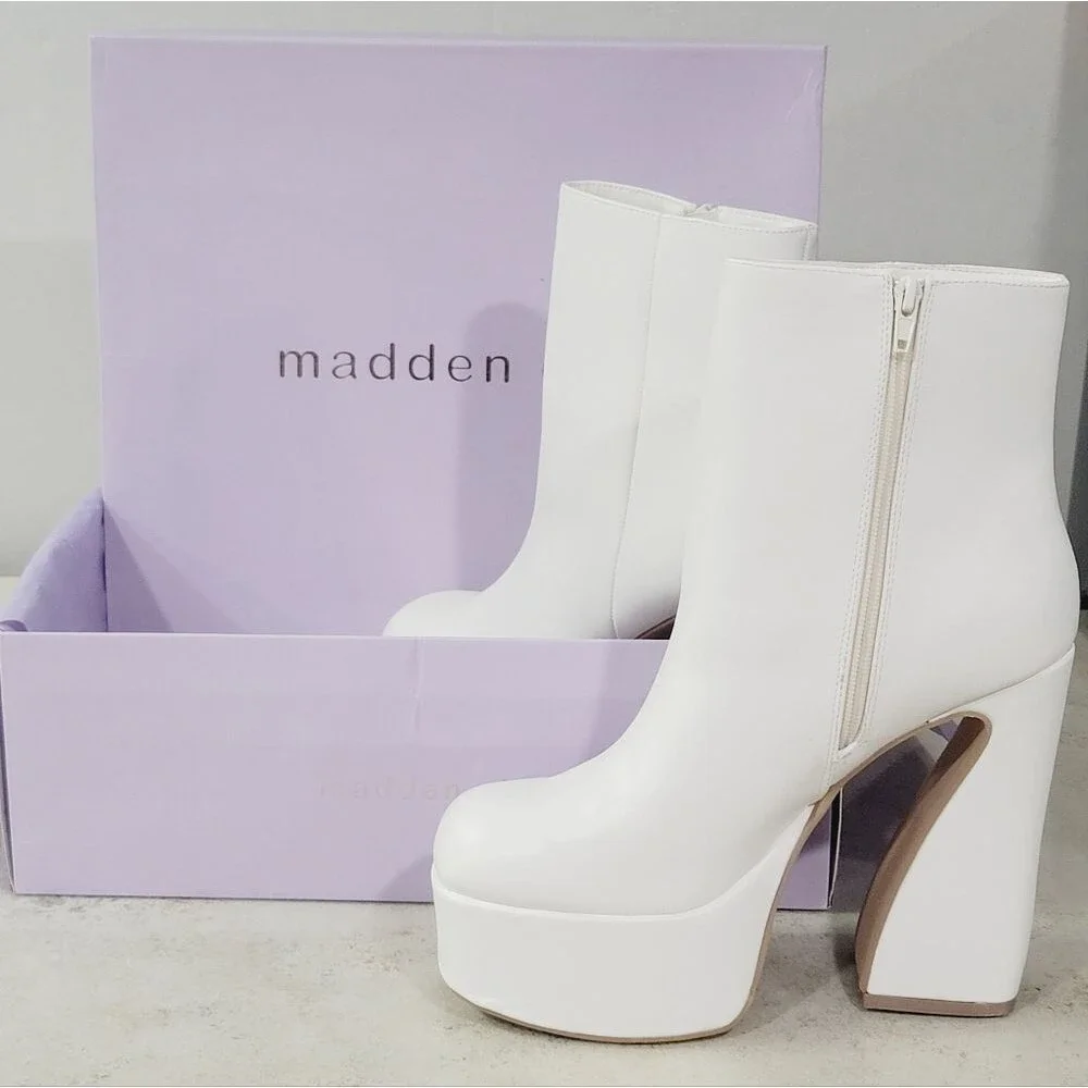 Madden Girl Women's Kourtt Mid-Calf Faux Leather Platform Boots White Pari NIB